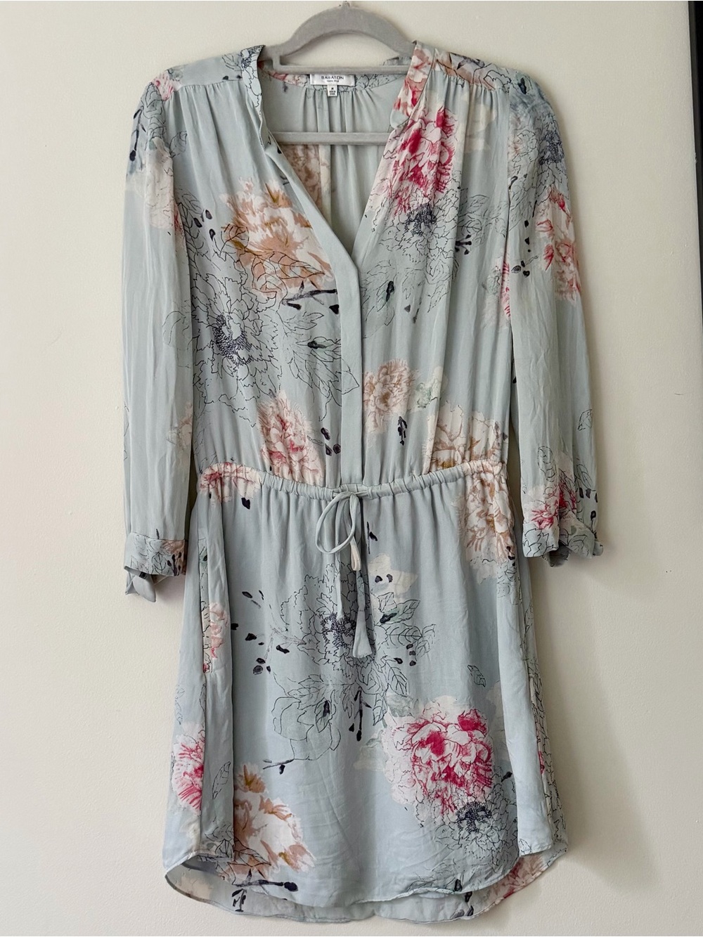 Babaton Silk Dress Pale Blue Floral Tie-Waist Mini | Size M